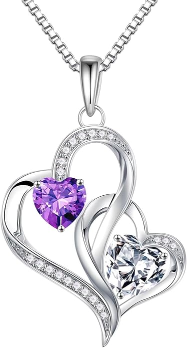 Iefil Christmas Gifts for Women - Double Heart Birthstone Necklace, 925 Sterling Silver Heart Pendant Necklace, Anniversary Birthday Gifts for Women | Personalized Jewelry Gift for Wife Mom Girlfriend
