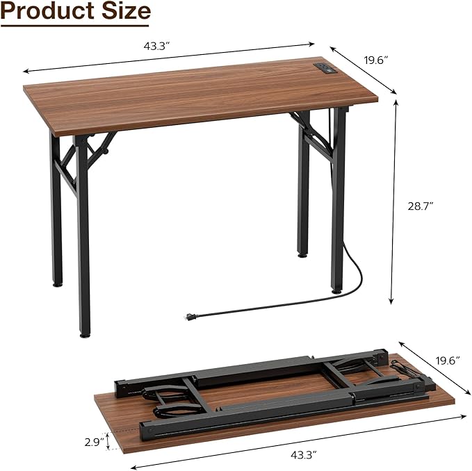 TEMI Small Computer Desk Folding Table - No Assembly, Compact 43.3" Foldable Desk with Power Outlets & USB Charging Port, Portable Small Office Desk, Ideal Mini Study Table for Narrow Spaces, Walunt