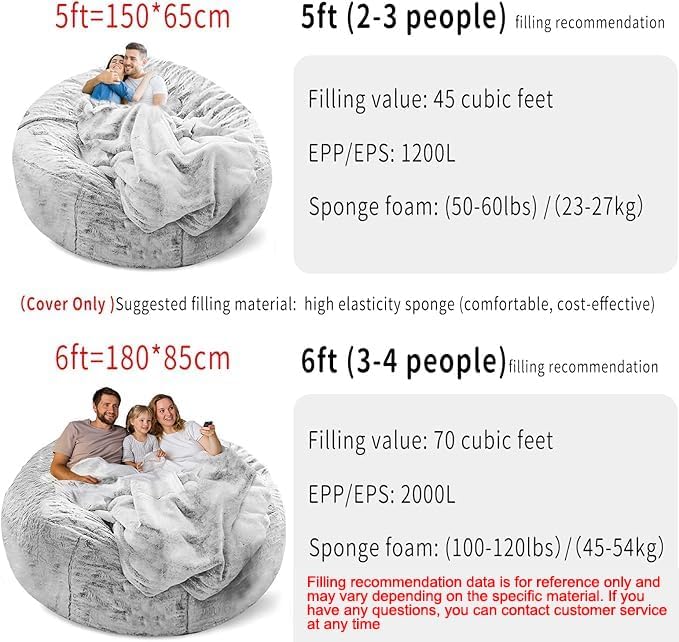 (No Filler Bean Bag Chair Cover Without Filler,Big Round Soft Fluffy PV Velvet Washable Bean Bag Lazy Sofa Bed Cover for Adults,Living Room Bedroom Furniture Outside,6ft Dark Grey