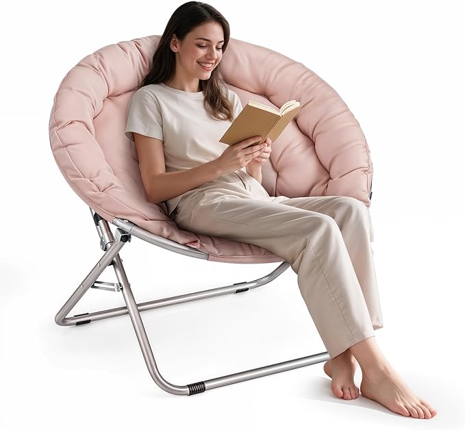 Athena Collection Comfy Saucer Chair Folding Cozy Chair for Bed Room Living Room Accent Chair Fabric Reading Chair Foldable Metal Frame Lazy Chair Moon Chair for Adult, Pink
