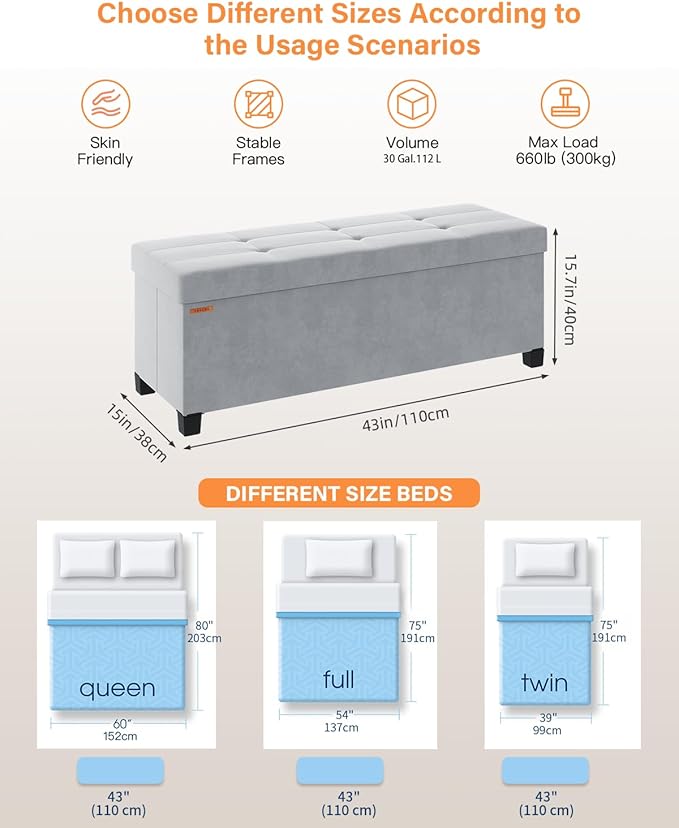 Foldable Storage Ottoman Bench, Velvet Footrest and Seat Cube with Feet, Storage Chest, for Living Room, Bedroom and Office, 15 x 43 x 15.7 Inches, Dove Gray, ASND24G