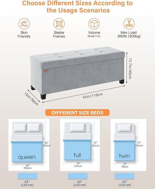 Foldable Storage Ottoman Bench, Velvet Footrest and Seat Cube with Feet, Storage Chest, for Living Room, Bedroom and Office, 15 x 43 x 15.7 Inches, Dove Gray, ASND24G
