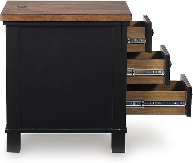 Signature Design by Ashley Wildenauer Farmhouse 3-Drawer Chairside End Table with USB Ports, Light Brown & Black