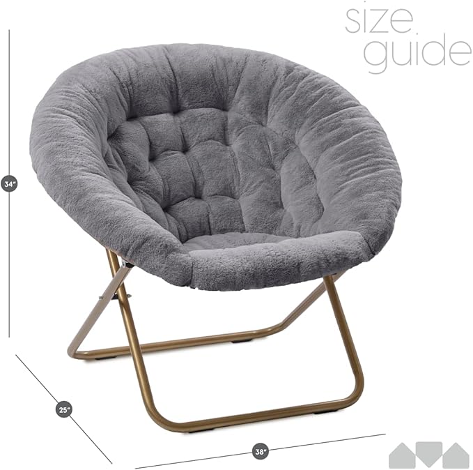 Milliard Saucer Chair For Adults, Teens & Kids, Grey, Faux Fur XL Circle Chair for Bedroom, Dorm & Gaming, Foldable Comfy Accent Seat for Small Spaces, Folding Moon / Mushroom / Round Oversized Style