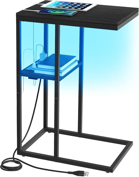 Yoobure LED C Shaped End Table with Charging Station, Small Side Tables for Living Room Bedroom, TV Tray Table with USB Ports and Outlets for Small Spaces, C Table for Couch Sofa, Bed Side Table