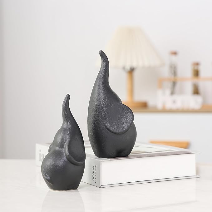 Ceramic Elephant Figurines with Trunk Up, Pair Couples Loving Elephant Statue, Small Figurines Sculpture African Home Decor, Valentine Elephants Gifts for Women, Wedding Knick Knacks（Black）