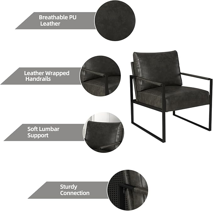 INZOY Leather Accent Chair with Metal Frame Set of 2, Comfy Living Room Chair with Plump Backrest and Cushion, Mid Century Modern Chair with Sturdy Structure, Easy to Clean, Dark Grey