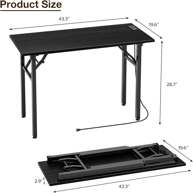 TEMI Small Computer Desk Folding Table - No Assembly, Compact 44.3" Foldable Desk with Power Outlets & USB Charging Port, Portable Small Office Desk, Ideal Mini Study Table, Dark Oak
