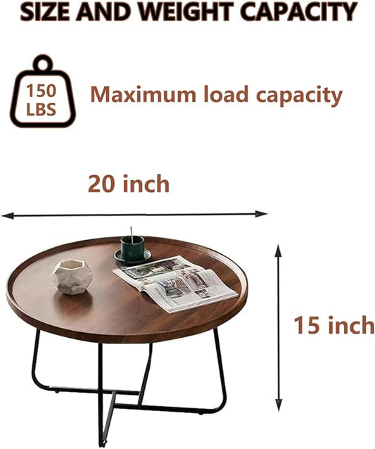 20 inches Round Coffee Table, Wooden Surface Top & Sturdy Metal Legs Coffee Table with Fluted, End Table for Living Room Bedroom Office Balcony Yard (Walnut, 20 inches)