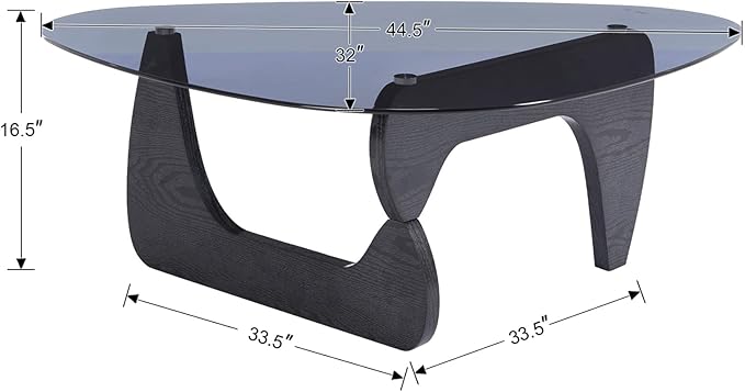 Black Glass Coffee Table, 44.5" Triangle Center Table with Wood Base Abstract Contemporary Coffee Table for Living Room Office Patio, Grey