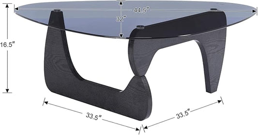 Black Glass Coffee Table, 44.5" Triangle Center Table with Wood Base Abstract Contemporary Coffee Table for Living Room Office Patio, Grey