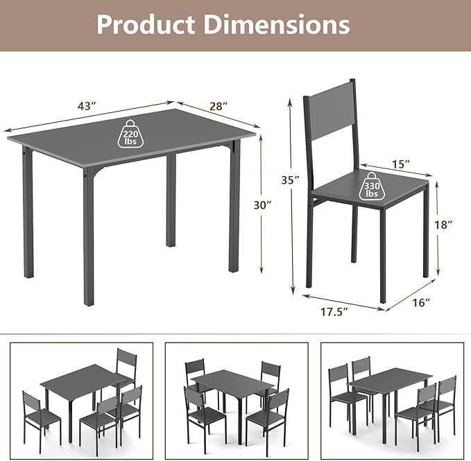 GOFLAME 5-Piece Dining Table Set, Industrial Kitchen Table and Chairs for 4 with Backrest and Metal Frame, Rectangular Space-Saving Dinette Set for Dining Room, Apartment, Small Space, Grey