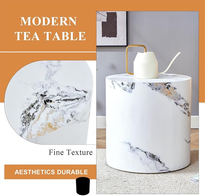 Round Side Table, End Table Living Room Tables, Faux Marble Sofa Couch Tables, Bedside Table Nightstand for Small Spaces, Bedroom