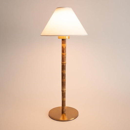 Bamboo Cordless LED Table Lamp – Rechargeable 24-Hour Battery, Dimmable Warm Light, 15" Portable Wireless Lamp with Remote for Indoor/Outdoor Use, Home, Patio, Restaurant – Coastal White