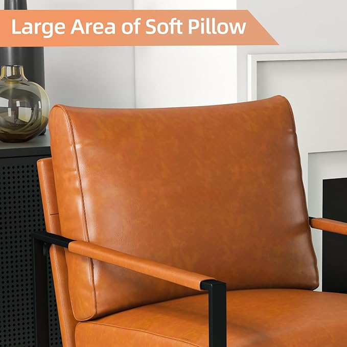 INZOY Leather Accent Chair with Metal Frame Set of 2, Comfy Living Room Chair with Plump Backrest and Cushion, Mid Century Modern Chair with Sturdy Structure, Easy to Clean, Brown