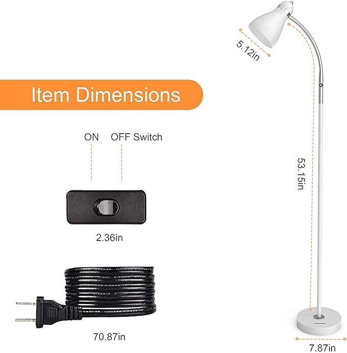 LEPOWER Floor Lamp, Metal Standing Lamp with Adjustable Gooseneck, Heavy Metal Base, Reading Pole Lamp for Office, White Floor Lamps for Bedroom, Living Room