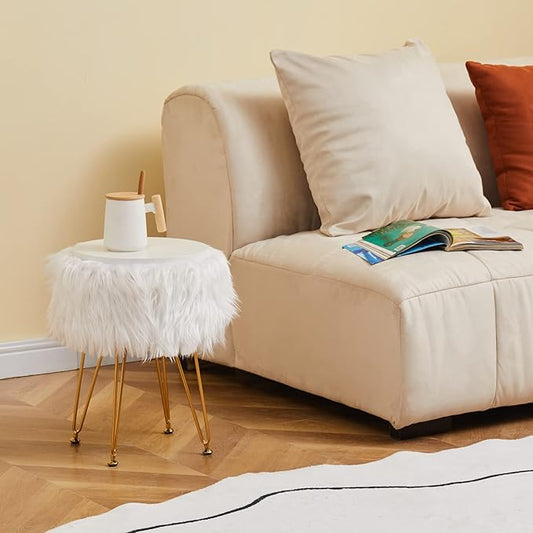 Mxfurhawa Faux Fur Storage Ottoman Round Furry Vanity Stool Marble Grain Tray Coffee Table Compact Footrest with 4 Metal Legs Soft Makeup Seat Foot Stool for Living Room Bedroom Entryway White