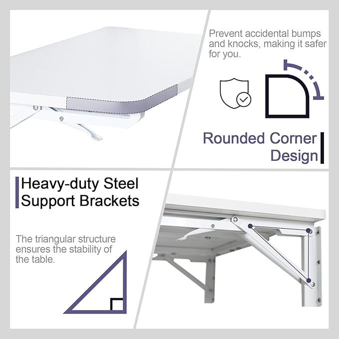 TEAMIX Wall Mounted Folding Table, White Floating Desk for Small Spaces Laundry Shelf with Heavy Duty Brackets Floating Desk for Garage, Utility Room, Kitchen, Laundry Room