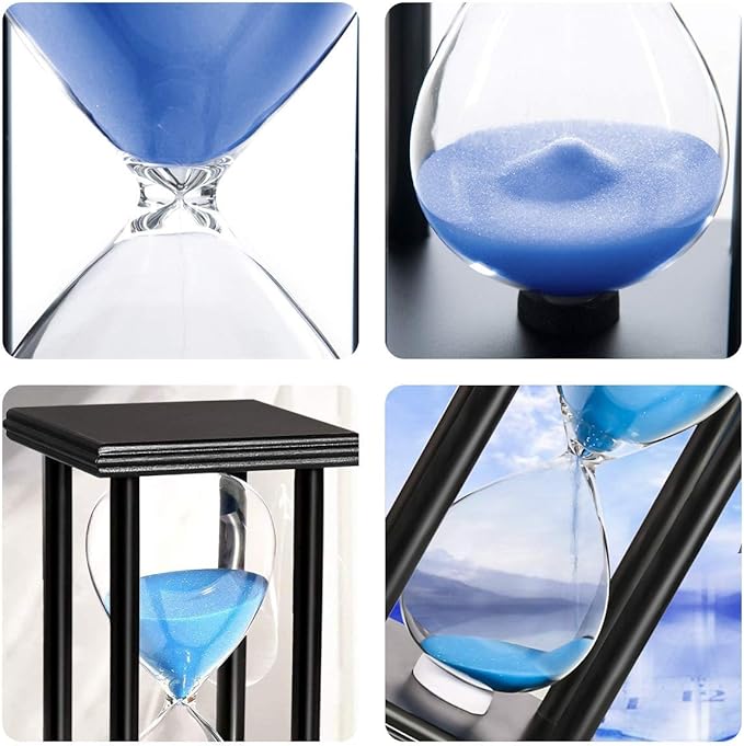 Lodunsyr Hourglass Timer for 60 Minutes Sandglass Timer for Kitchen Living Room Home Office Desk Bedroom Party Festival Coffee Table Book Shelf School Game Sand Timer Clock (Black Frame Blue Sand)