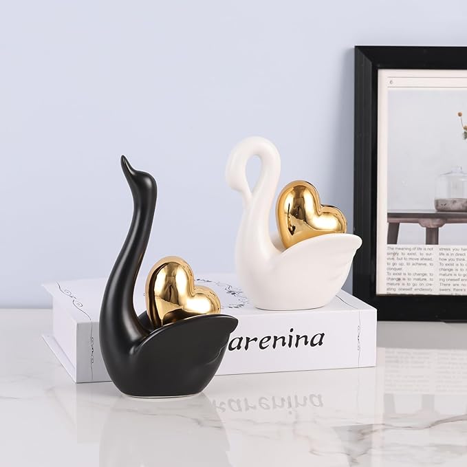 Loving Swan Figurine with Gold Heart Statue, Ceramic Animal Regalos Para Parejas, Cute Figurines Pottery Gifts for Anniversary, Couple Swan Sculpture for Women Dresser Knick Knacks Shelves Show Pieces