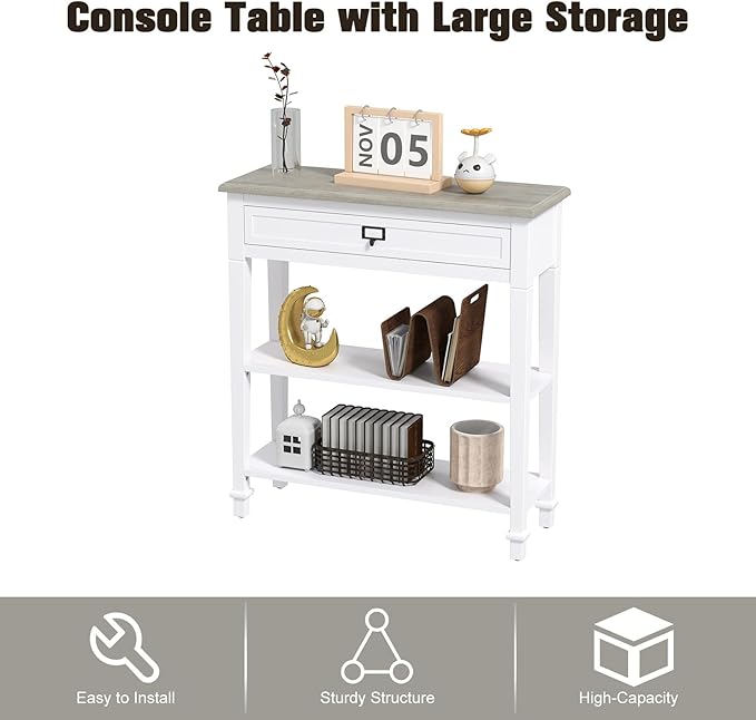 kinbor Accent White Console Table with Drawer and Shelf, Wood Sofa Table with Storage for Entryway Hallway Living Room
