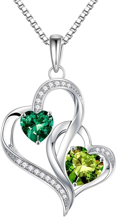 Iefil Christmas Gifts for Women - Double Heart Birthstone Necklace, 925 Sterling Silver Heart Pendant Necklace, Anniversary Birthday Gifts for Women | Personalized Jewelry Gift for Wife Mom Girlfriend
