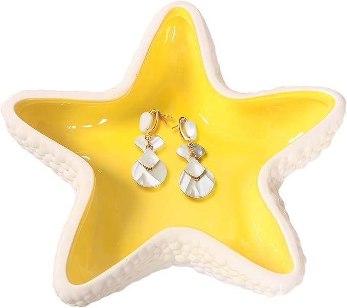 Starfish Jewelry Dish Ceramic Holder Ring Trinket Tray, Ocean-themed Decorative Trinket Dish, Suitable for Mother Friend Sister, Gifts for Women, Home Decor Trinket Dish(Yellow)