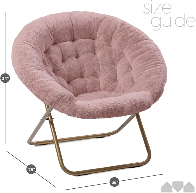 Milliard Saucer Chair For Adults, Teens & Kids, Pink, Faux Fur XL Circle Chair for Bedroom, Dorm & Gaming, Foldable Comfy Accent Seat for Small Spaces, Folding Moon / Mushroom / Round Oversized Style