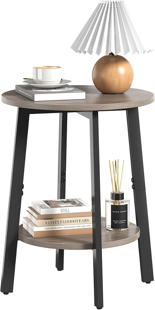 Side Table, Small Round End Table with Storage Shelf for Small Space, 2-Tier Bedside Table Sofa Couch Table, Round Accent Table Nighstands for Living Room, Bedroom, Grey