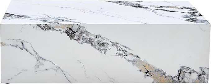 39.3" Rectangular Wood Coffee Table, Modern White Faux Marble Pattern Coffee Tables for Living Room, Contemporary No Assembly Wooden Center Cocktail Table for Bedroom, Reception Room