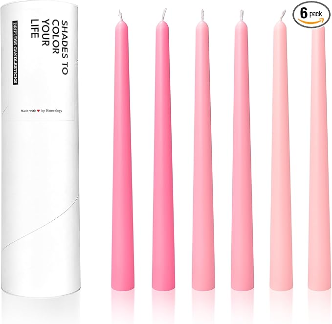 10" Classic Taper Candles, Three Pink Shades, 7-8 Hours Long Burning, Unscented Tall Candlesticks
