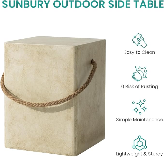 SUNBURY Outdoor Side Table, Concrete Side Table for Patio,18" H Small End Table w Hemp Rope, Indoor & Patio Accent Table Coffee Table Warm Gray, Stone Side Table Garden Plant Stands