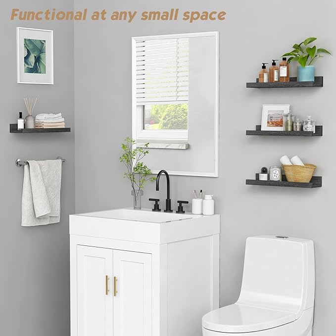 Forbena Black Picture Ledge Shelf, Floating Shelves with Lip for Wall, Small Wall Shelves for Bathroom Bedroom Kitchen Office Living Room Books, Art Pictures, Photo Frame, Plants (4-Pack, Real Wood)