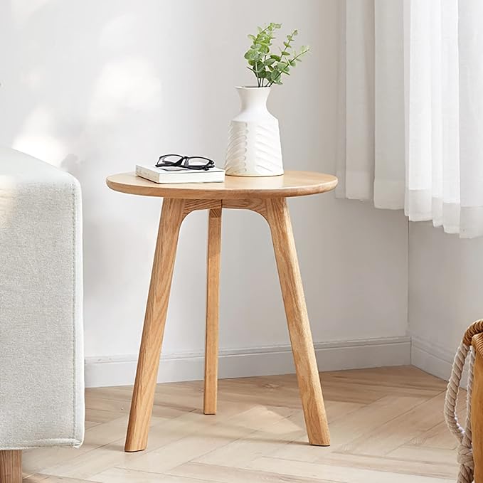 Modern Coffee Table,Solid Oak Round Side Table with 3-Legs & Non-Slip Pads,Easy Assembly Wood End Tables/Nightstand for Living Room,Bedroom,Home,Office,16.96" H Natural