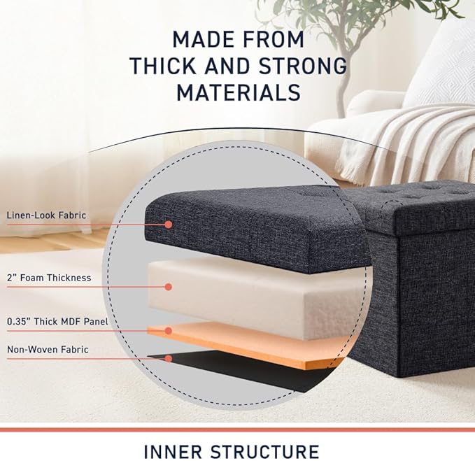 Ornavo Home Foldable Tufted Linen Storage Ottoman Square Cube Foot Rest Stool/Seat - 15" x 15" x 15" (Black)