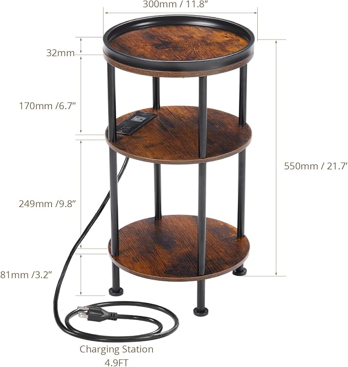 Small Round Side Table with Charging Station for Small Spaces, 3-Tier Round Accent Table with USB Ports & Power Outlets, Corner Table Sofa End Table for Living Room Bedroom (USB Charger, Rustic Brown)