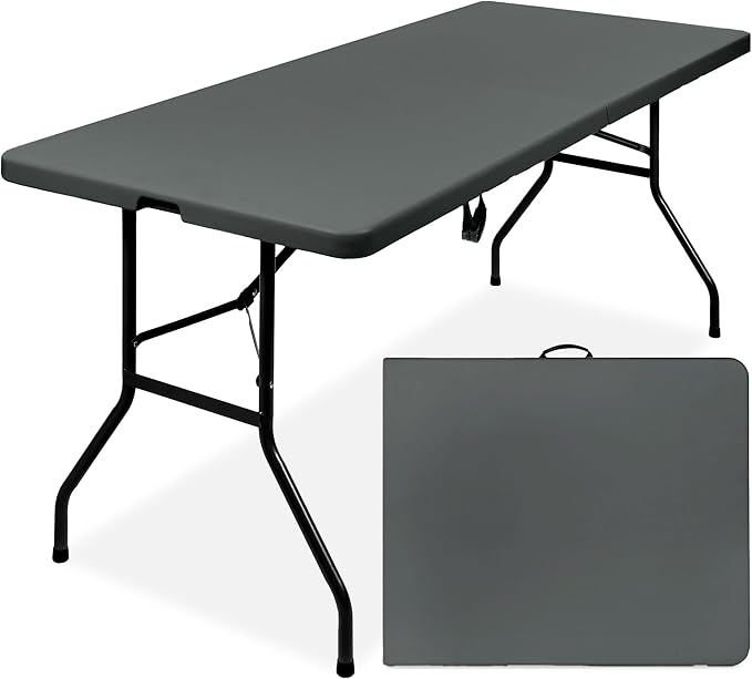 Best Choice Products 6ft Plastic Folding Table, Indoor Outdoor Heavy Duty Portable w/Handle, Lock for Picnic, Party, Camping - Dark Gray