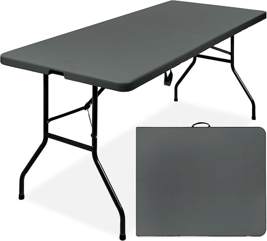 Best Choice Products 6ft Plastic Folding Table, Indoor Outdoor Heavy Duty Portable w/Handle, Lock for Picnic, Party, Camping - Dark Gray