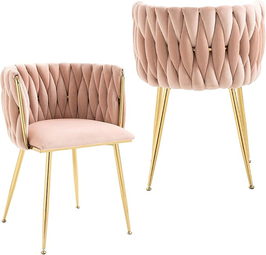 NIOIIKIT Modern Velvet Dining Chairs Hand Weaving Accent Chairs Living Room Chairs Upholstered Side Chair with Golden Metal Legs for Dining Room Kitchen Vanity Living Room (Pink)