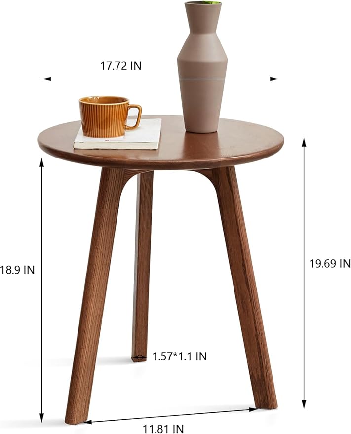 Walnut Round Side Table,Solid Wood End Table - FAS-Grade North American Oak,3-Leg Walnut Accent Side Table for Living Room, Bedroom & Office