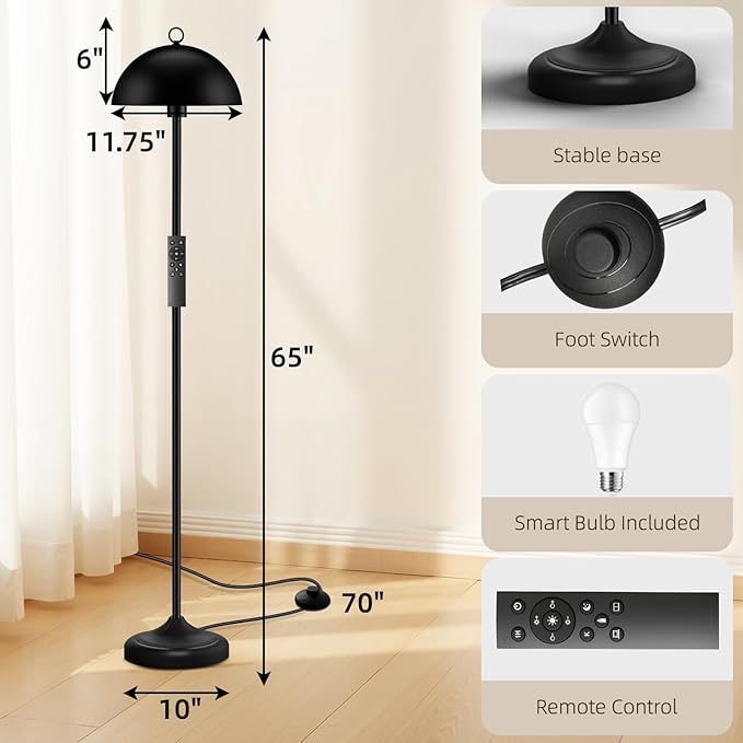 Floor Lamp, Industrial Floor Lamps for Living Room, Smart Standing Lamps with Remote Control, Stepless Dimmable Colors Temperature & Brightness, Metal Floor Lamp for Bedroom, Office, Reading