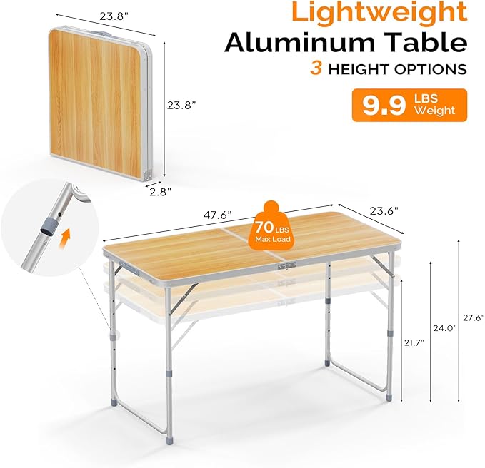 VINGLI 4FT White Folding Table with Carrying Handle Height Adjustable Lightweight Fold Up Portable for Indoor Outdoor Picnic,Camping,Hiking,Fishing,BBQ …