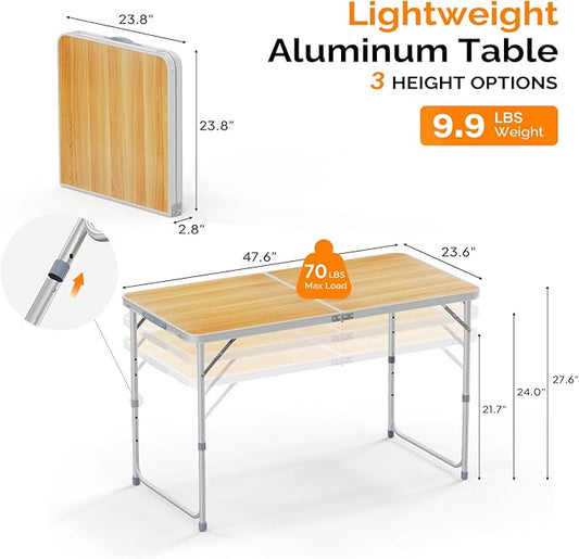 VINGLI 4FT White Folding Table with Carrying Handle Height Adjustable Lightweight Fold Up Portable for Indoor Outdoor Picnic,Camping,Hiking,Fishing,BBQ …