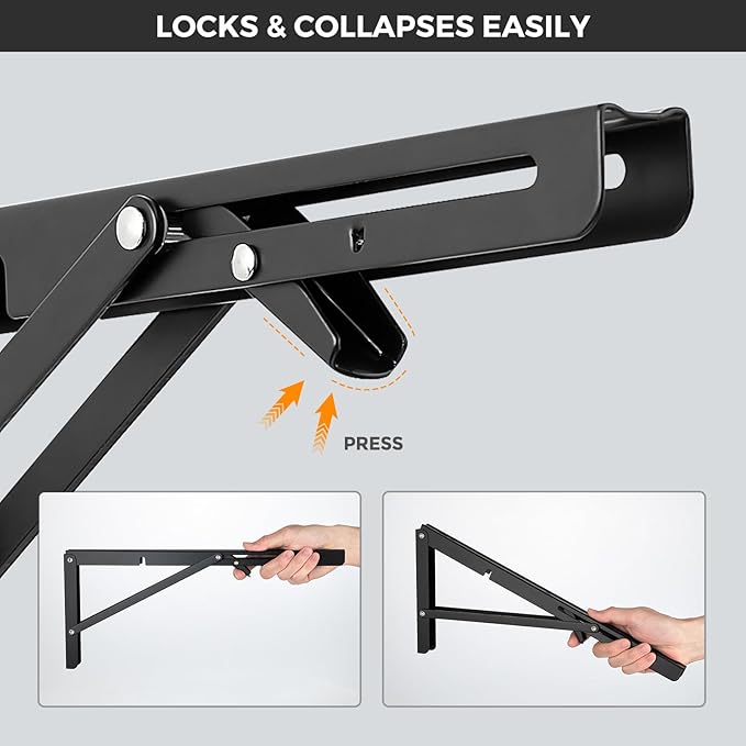 JOY DECOR 10 Inch Heavy Duty Folding Shelf Brackets, 4 Pack (2 Pairs) Collapsible Wall Mounted Brackets for Fold Down Table, Stainless Steel Folding Table Hinge, Matte Black