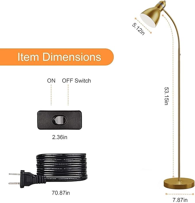 LEPOWER Floor Lamp, Metal Standing Lamp with Adjustable Gooseneck, Heavy Metal Base, Reading Pole Lamp for Office, Golden Floor Lamps for Bedroom, Living Room