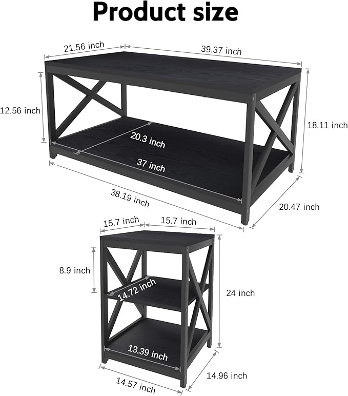 Bigbiglife Living Room Coffee Table Set of 3, Industrial X-Design Coffee Table and 2 End Side Tables, 3 Piece Living Room Table Set with Large Storage for Apartment Home (Black)