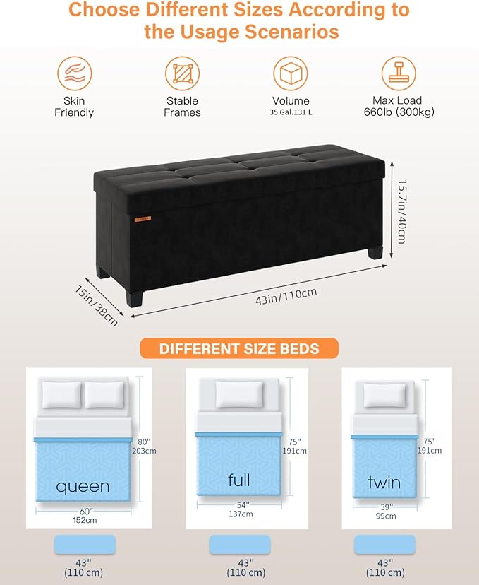 Foldable Storage Ottoman Bench, Velvet Footrest and Seat Cube with Feet, Storage Chest, for Living Room, Bedroom and Office, 15 x 43 x 15.7 Inches, Ink Black, UASND24B