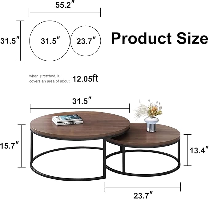Round Nesting Coffee Table Set of 2, Modern Minimalist Accent Tables for Living Room, Bedroom, Office, Stackable Side Tables (Walnut)