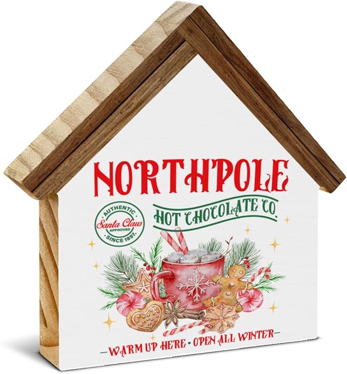 Christmas Hot Cocoa Bar Decor, North Pole Hot Chocolate Co House Shaped Wood Block Sign Xmas Holiday Decorations for Home Kitchen