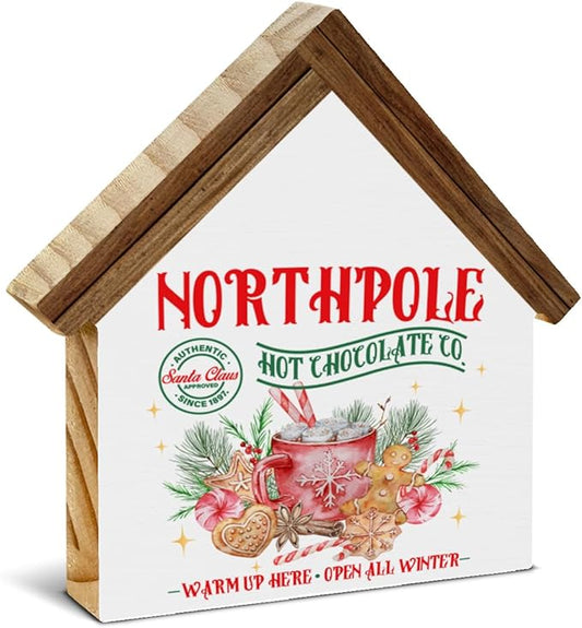 Christmas Hot Cocoa Bar Decor, North Pole Hot Chocolate Co House Shaped Wood Block Sign Xmas Holiday Decorations for Home Kitchen